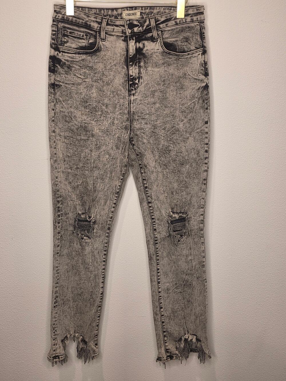 LAGENCE Acid Wash Jeans 29 High Rise Distressed Shredded Cutout Raw Hem USA